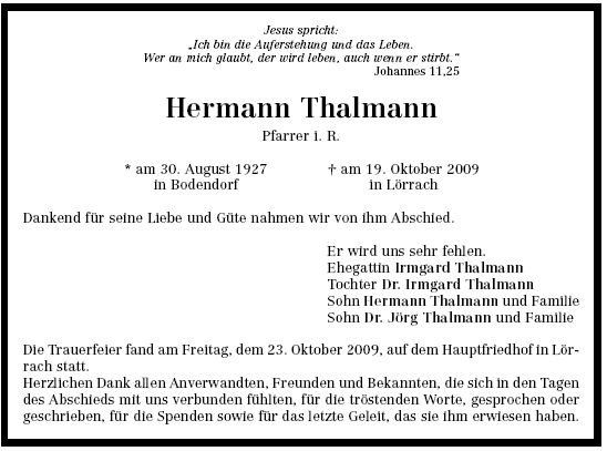 Thalmann Hermann 1927-2009 Todesanzeige